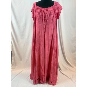 Boho Pink Embroidered Maxi Dress Square Neck Button Front Off Shoulder